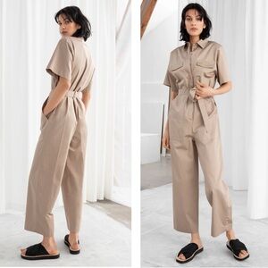 & Other Stories Workwear Boilersuit Tie Waist Straight Leg Jumpsuit Beige Sz4